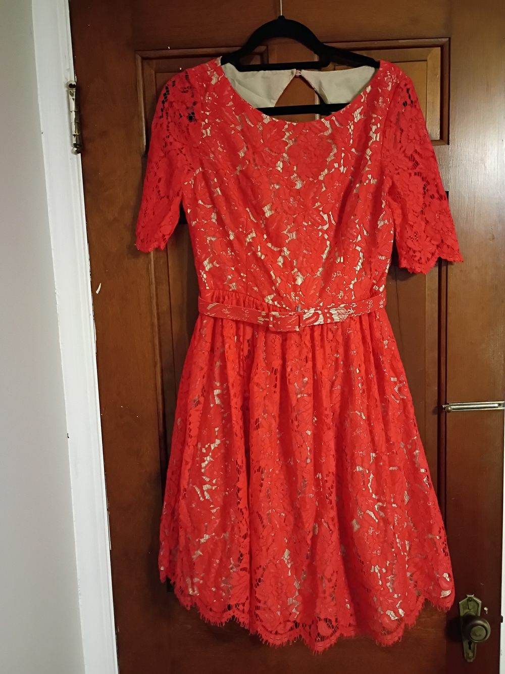 Eliza J Red Lace Midi Dress with Nude Underlay Size 6